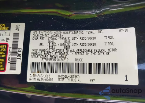 2018 Toyota Tundra Sr 4.6L V8 из США, поврежденный, VIN 5TFRM5F15JX134312